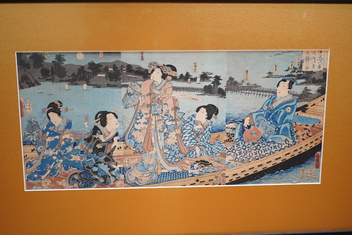 Eleven Japanese block prints framed as five, signatures include Utagawa Kunisada, Utagawa Kunisada II, Utagawa Yoshiharu, and Toyohara Kunichika. Condition - good